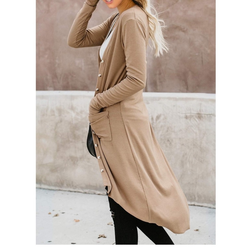 Long Ribbed Knit Cardigan Small S Open Sweater Midi Length Neutral Tan Rib - Picture 3 of 5